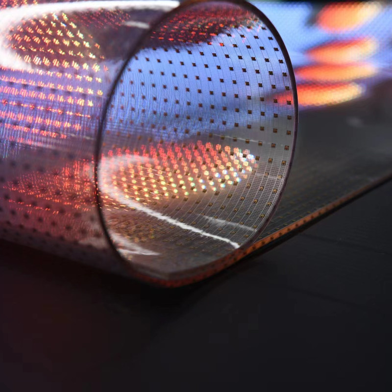 Wnętrze wodoodporne, transparentne LED, wielobarwny transparentny ekran filmowy.