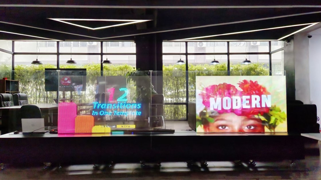 Wnętrze wodoodporne, transparentne LED, wielobarwny transparentny ekran filmowy.